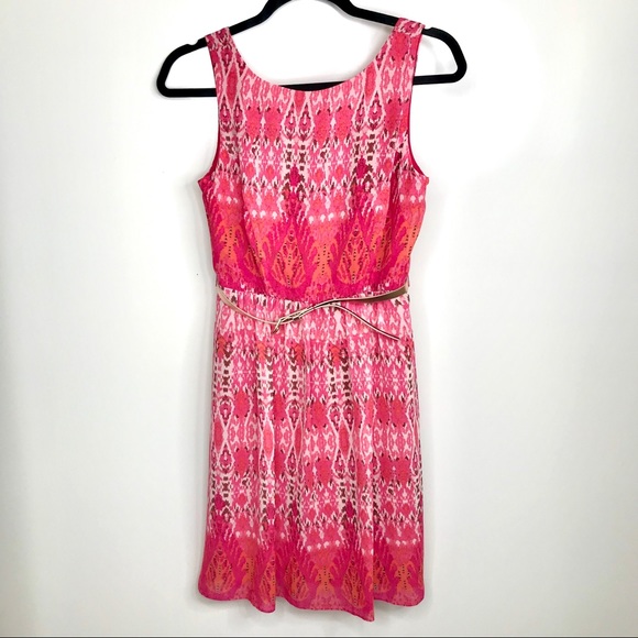Boho Pink Ikat Belted Fit & Flare Dress Size 4 Petite Summer Spring - Picture 1 of 8